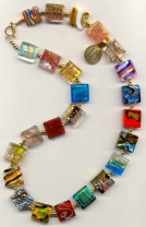 Artistic, "Abstract Painting", Murano Glass Necklace,  20mm Squares, 27 Inches